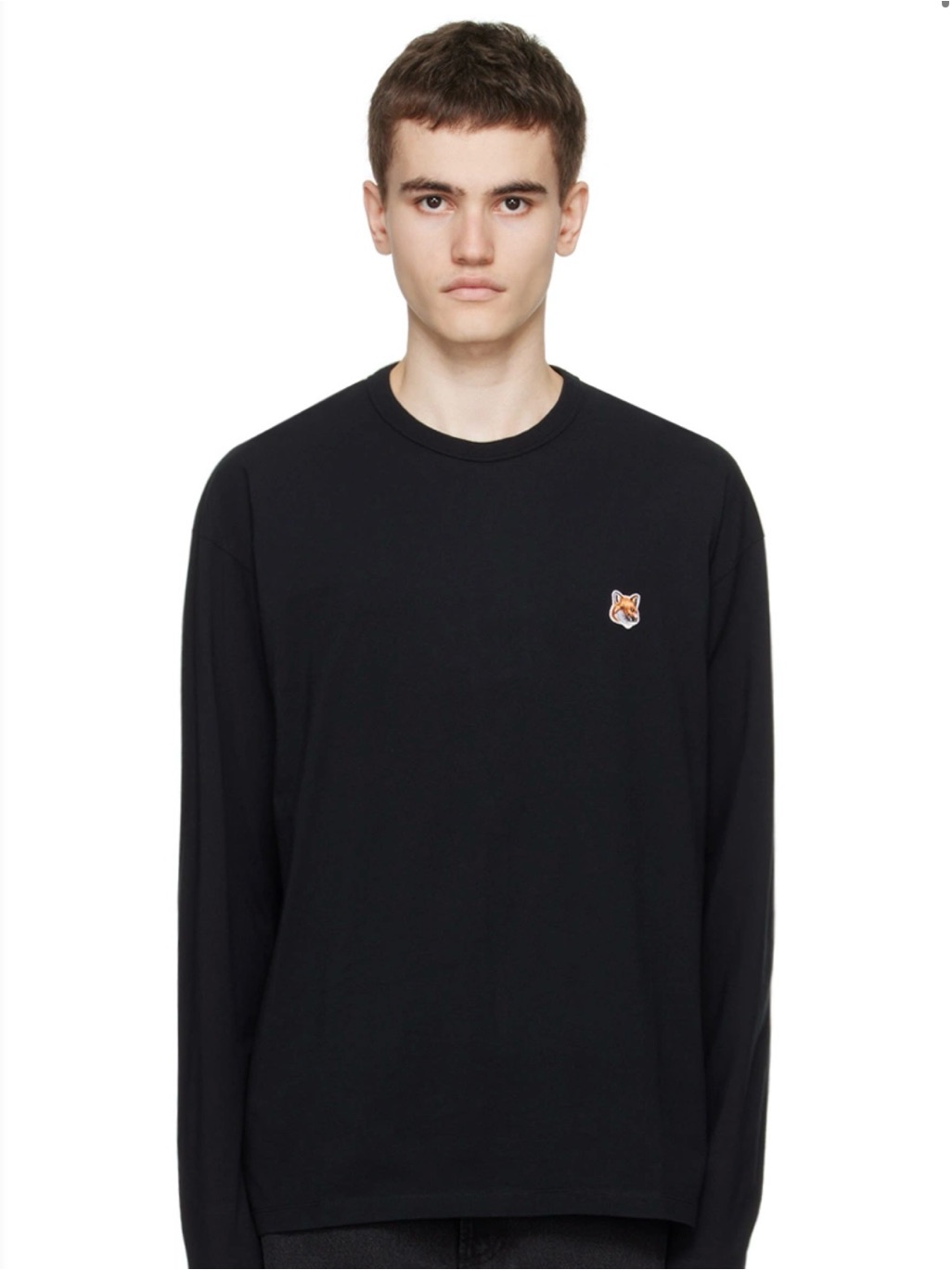 Maison Kitsune Men's Black Long-Sleeve Fox Patch Tee Xs